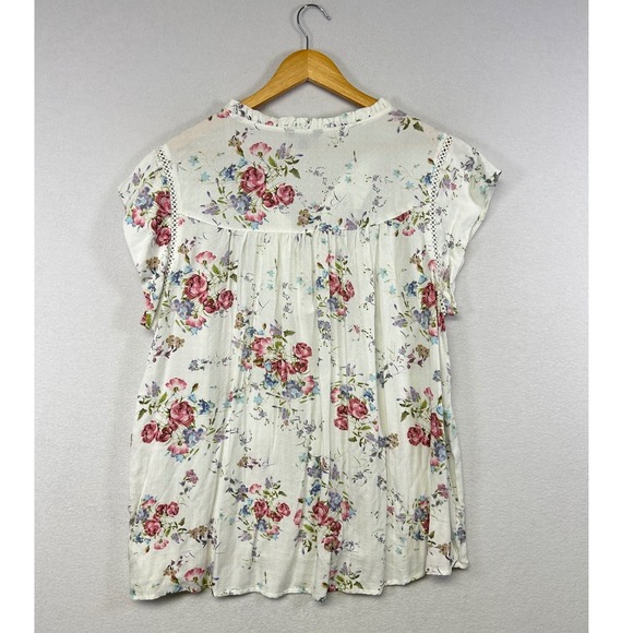Buffalo David Bitton Floral Blouse Womens Size L Short Sleeve Tie Neck Top - Picture 2 of 8